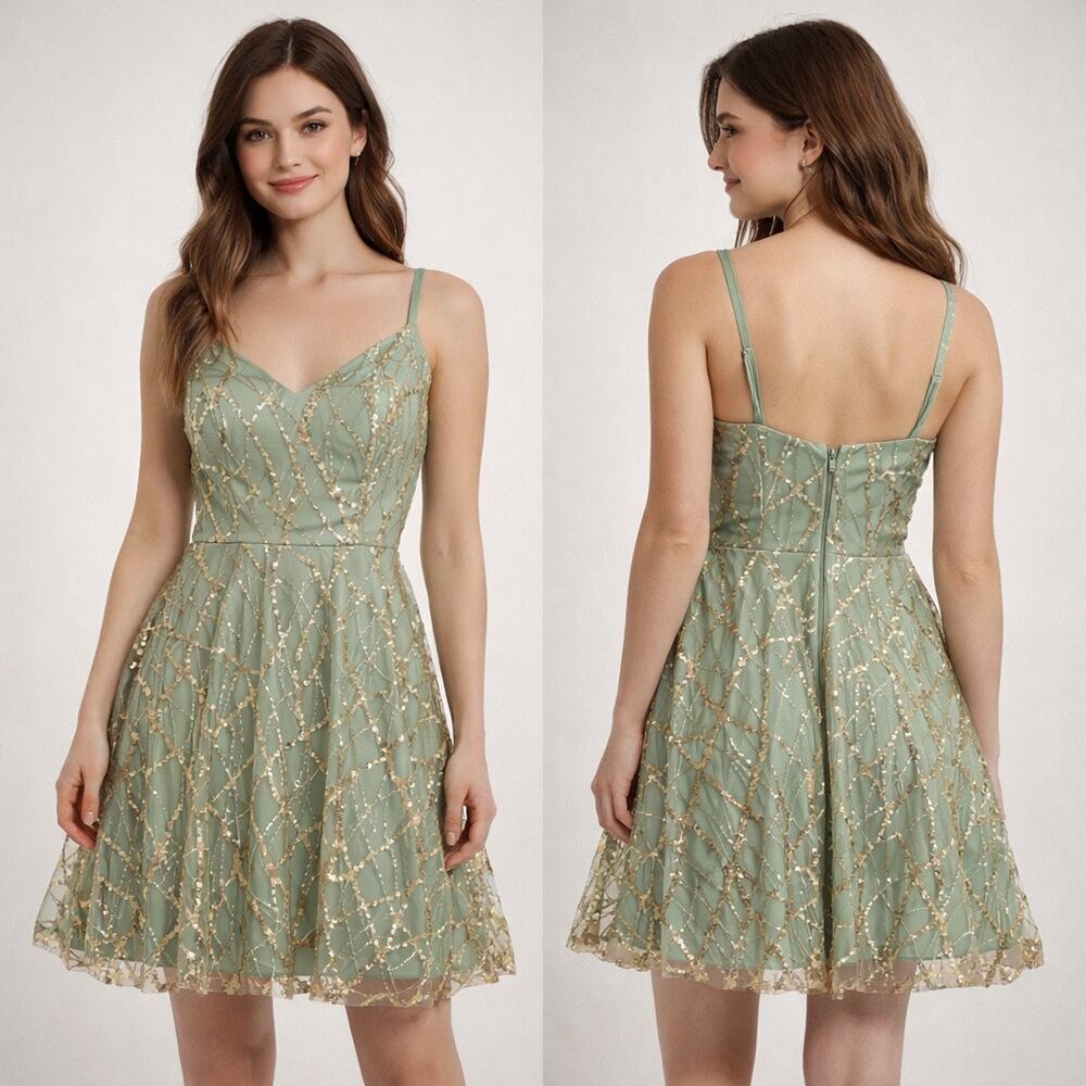 TLC Say Yes To The Prom Sage Sequin Fit & Flare Dress Size 1